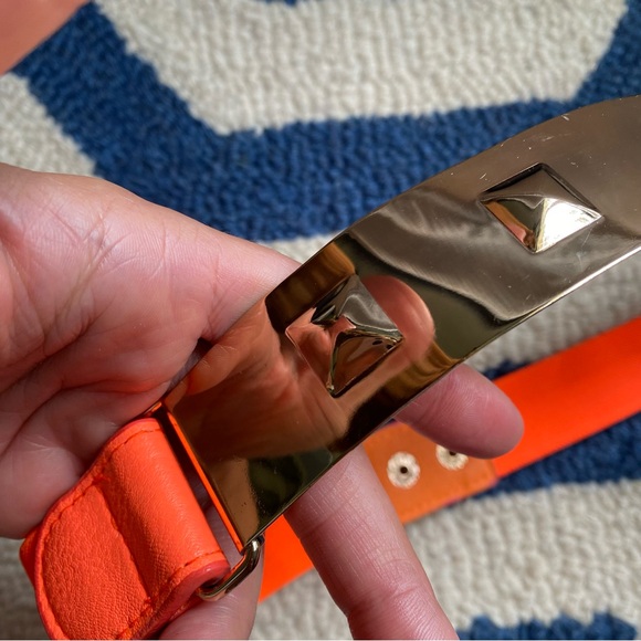 🧡 NEON ORANGE GOLD PLATE STUDDED STRETCHY BELT! - Picture 6 of 14